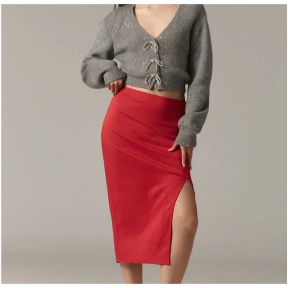 NWT Maeve Anthropologie Bow Midi Pencil Skirt Red Size 12 Side Slit Stretch - Picture 1 of 14